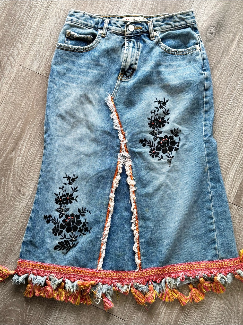 Embroidered Tassel Hem Denim Women’s Small Blue Boho Western Maxi Skirt
